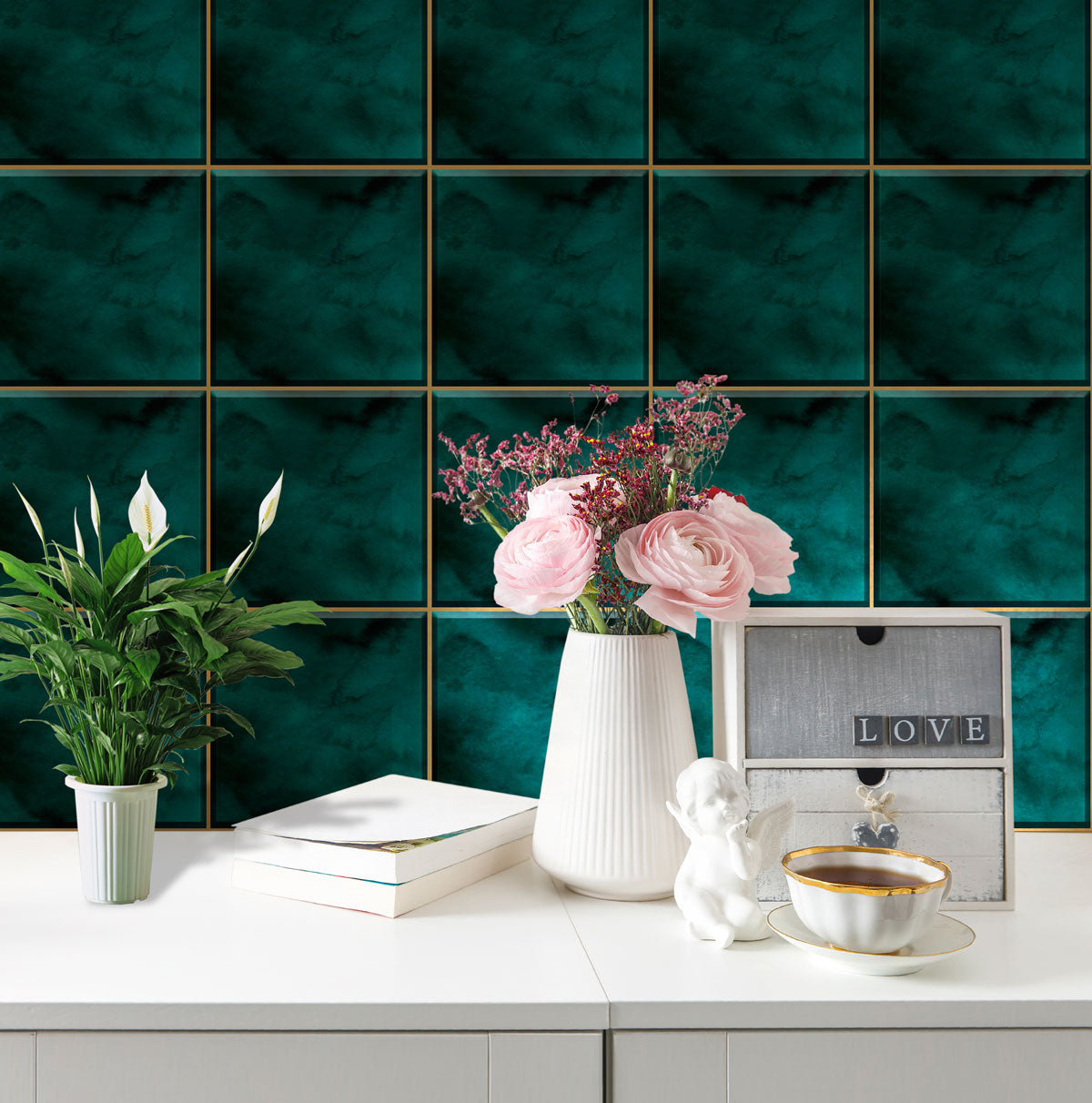 Peel and Stick Moss Green Backsplash Tile Stickers | Bathroom, Kitchen, Floor, Wall Tile Decals | Removable | Free Shipping