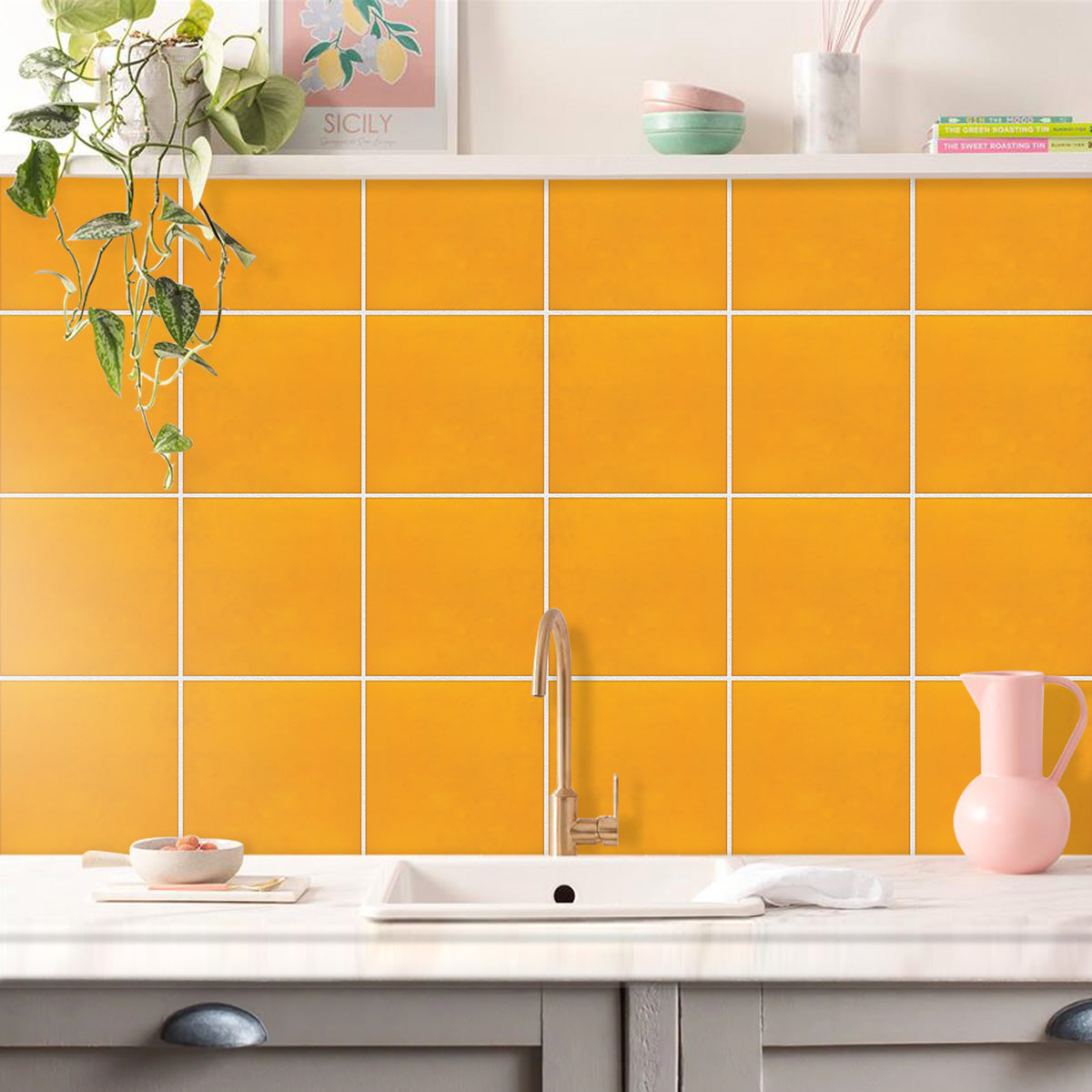 Golden Yellow Backsplash Tile Stickers | Peel and Stick Kitchen Bathroom Wall Hand Crafted Floor Decals | Removable