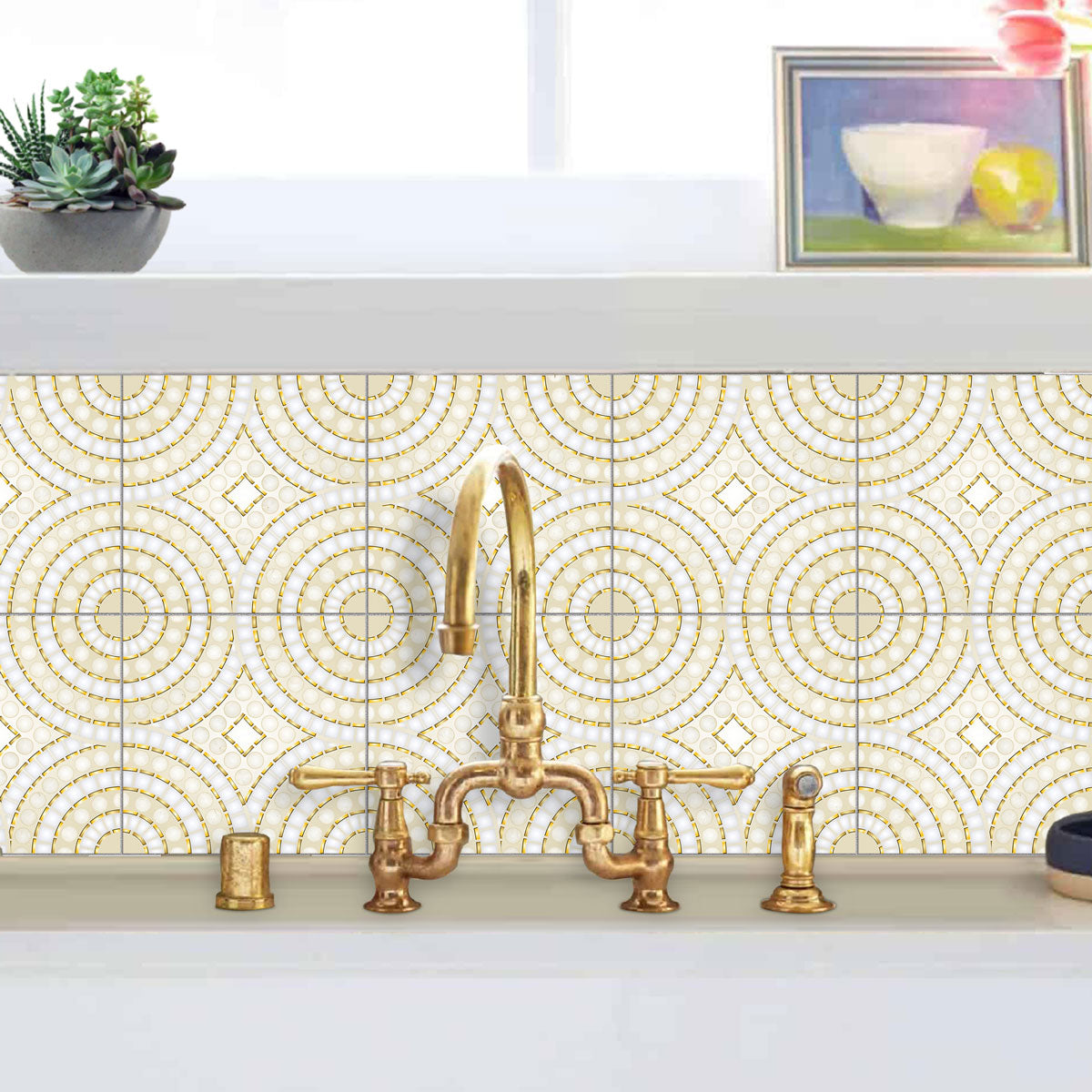 Mosaic Gold Color Floor Tile Stickers | Kithcen, Bathroom, Wall Peel and Stick Backsplash Tile Vinyl Decals | Removable