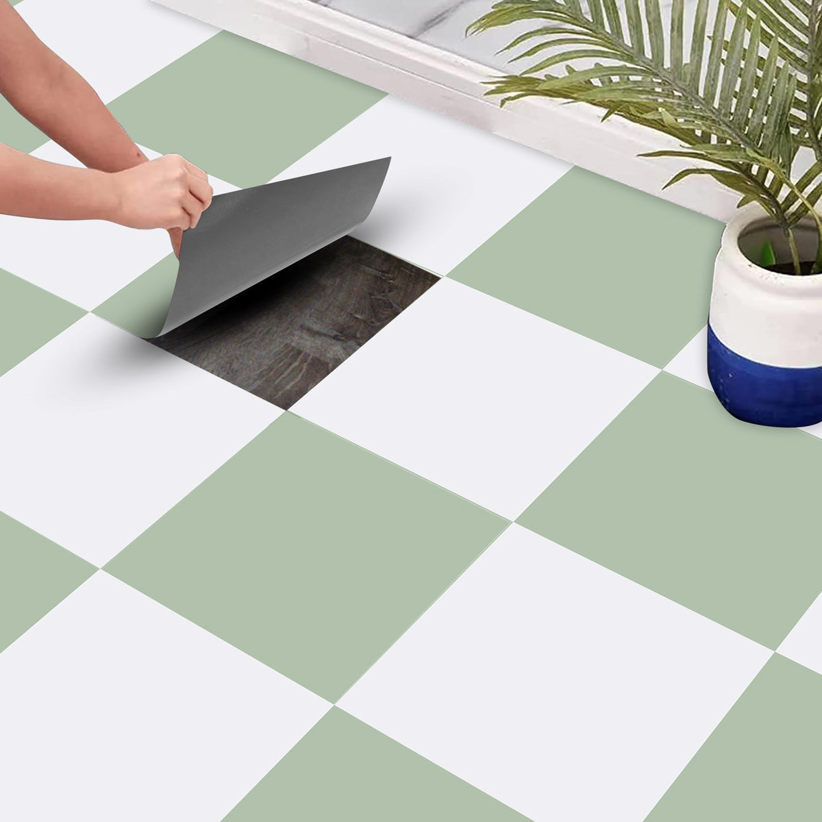 Teresa's Green and Light White Floor Tile Stickers | Peel and Stick Kitchen, Wall, Bathroom, Tile Vinyl | Antiskid Floor Tile Stickers