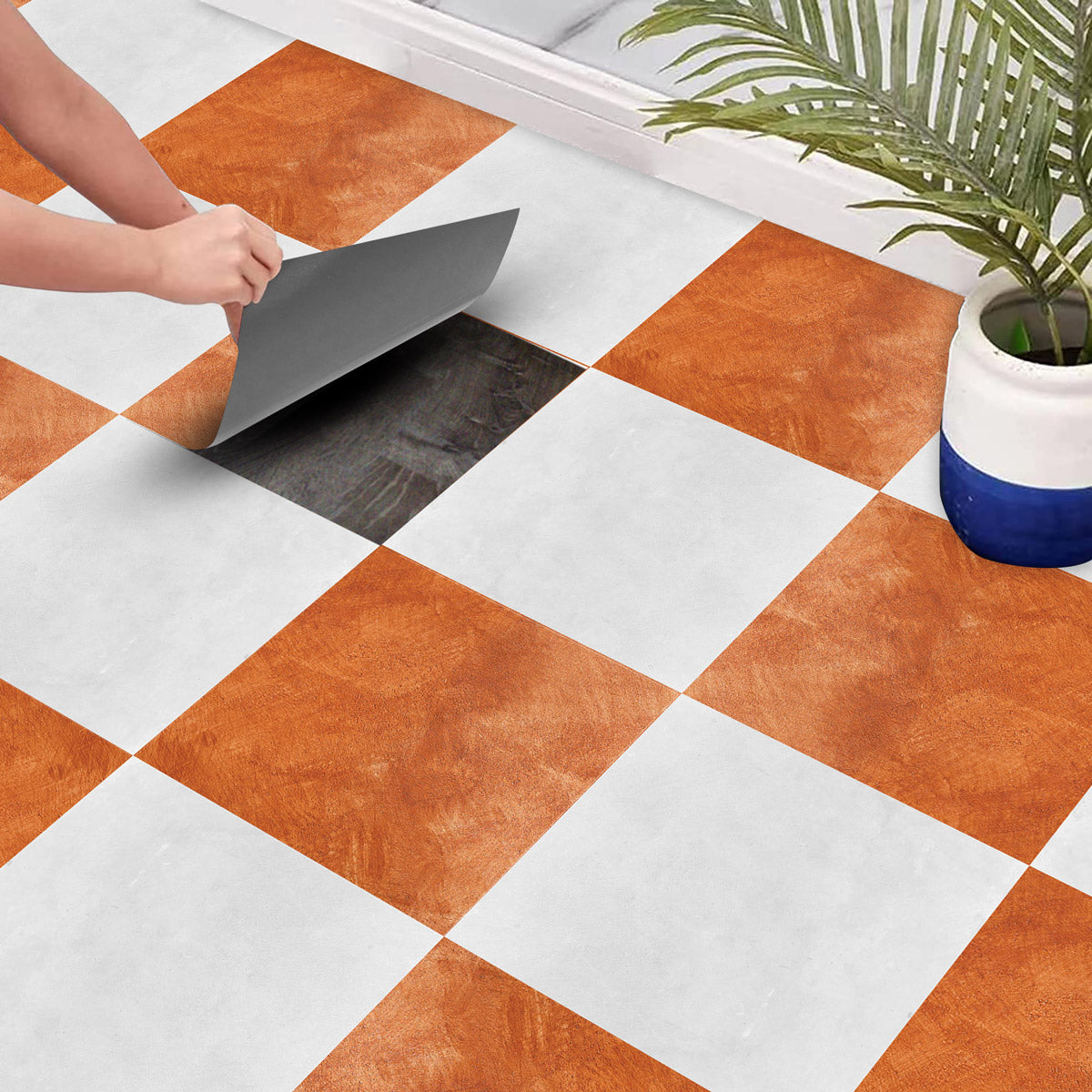 Orange and Light White Checkered Texture Tile Stickers | Peel and Stick Kitchen, Bathroom Wall Floor Tile Vinyl Decals | Removable