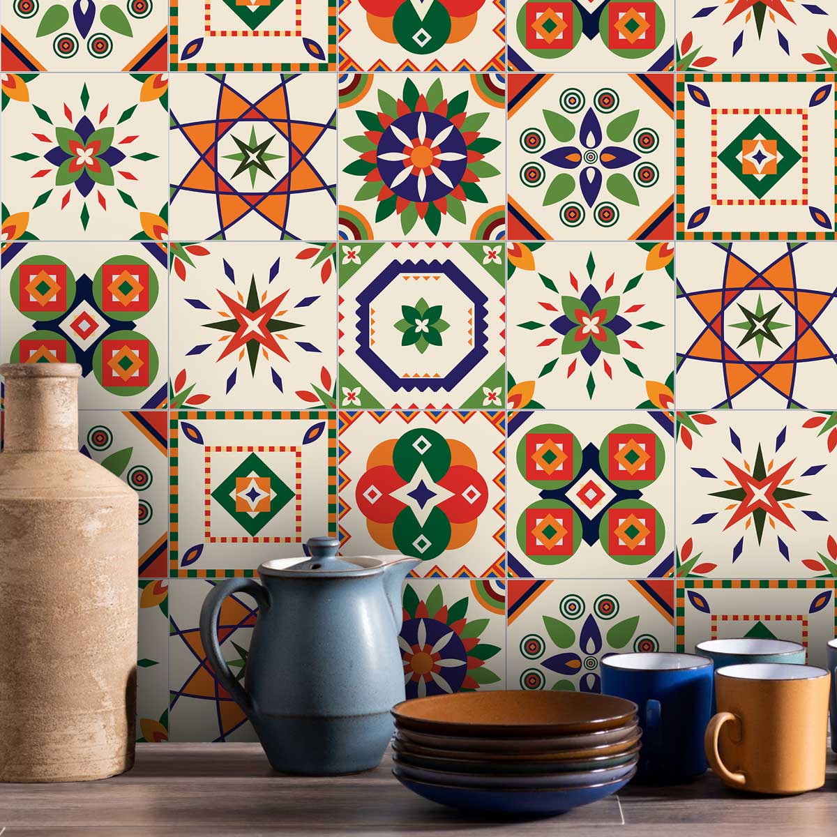 Peel and Stick Colorful Santorin Tile Stickers | Kitchen, Bathroom, Wall Backsplash Tile Vinyl | Waterproof | Removable