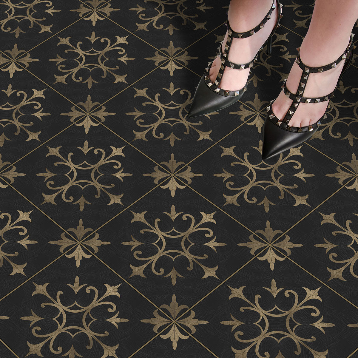 Classic Tarnished Gold Floral Floor Tile Stickers | Handcrafted Tile Decals | Peel and Stick Kitchen, Wall, Bathroom Tile Stickers