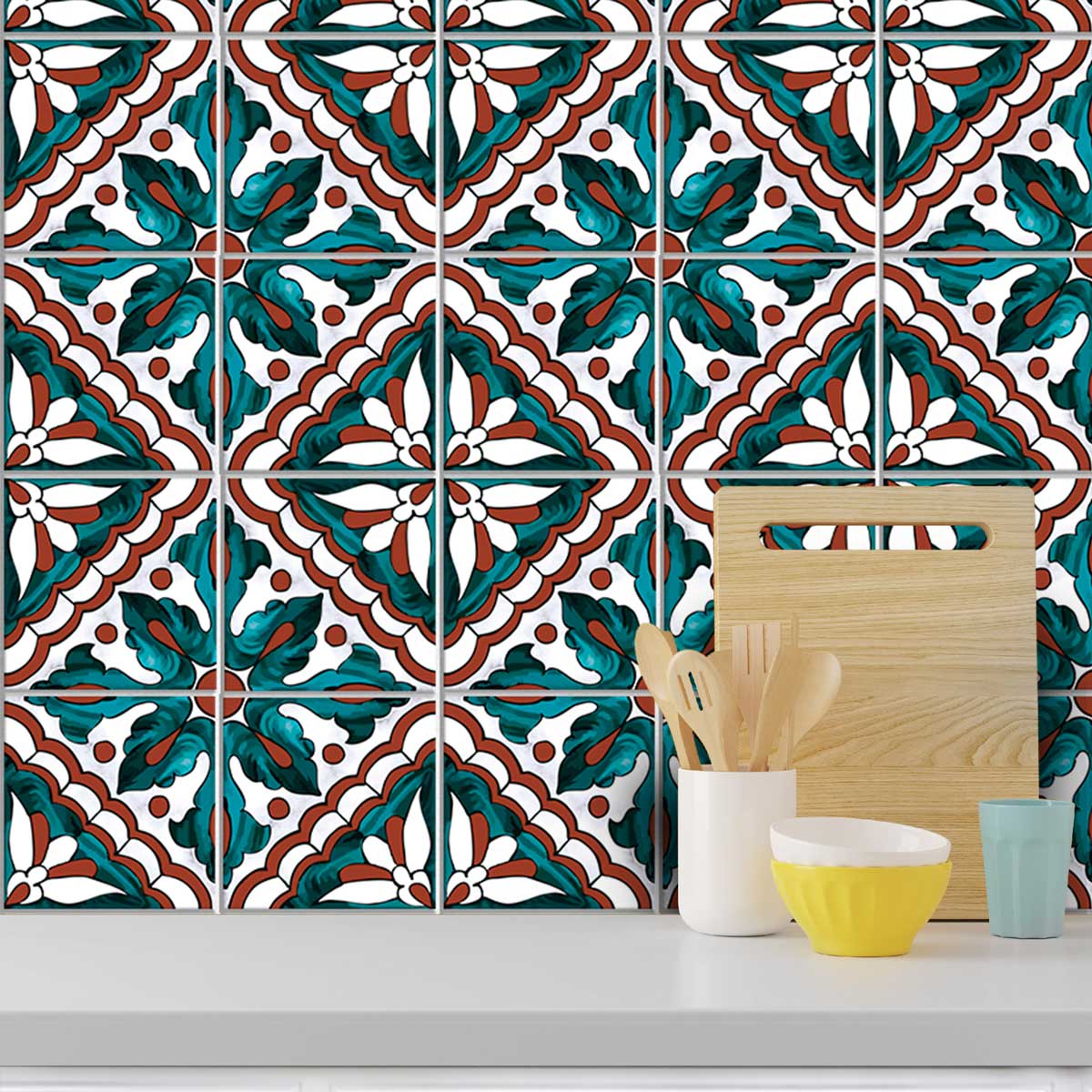 Peel and Stick Tile Moroccan Stickers | Moss Green with Terracotta Design Tile Decals | Kitchen Bathroom Wall Tile Stickers