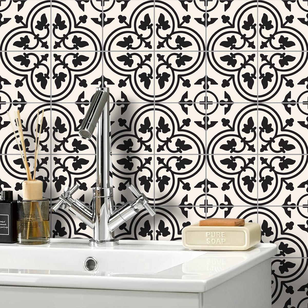 Peel and Stick Black Classic Floor Tiles Stickers | Self Adhesive Kitchen, Wall and Bathroom Tile Stickers | Hand Crafted Decals