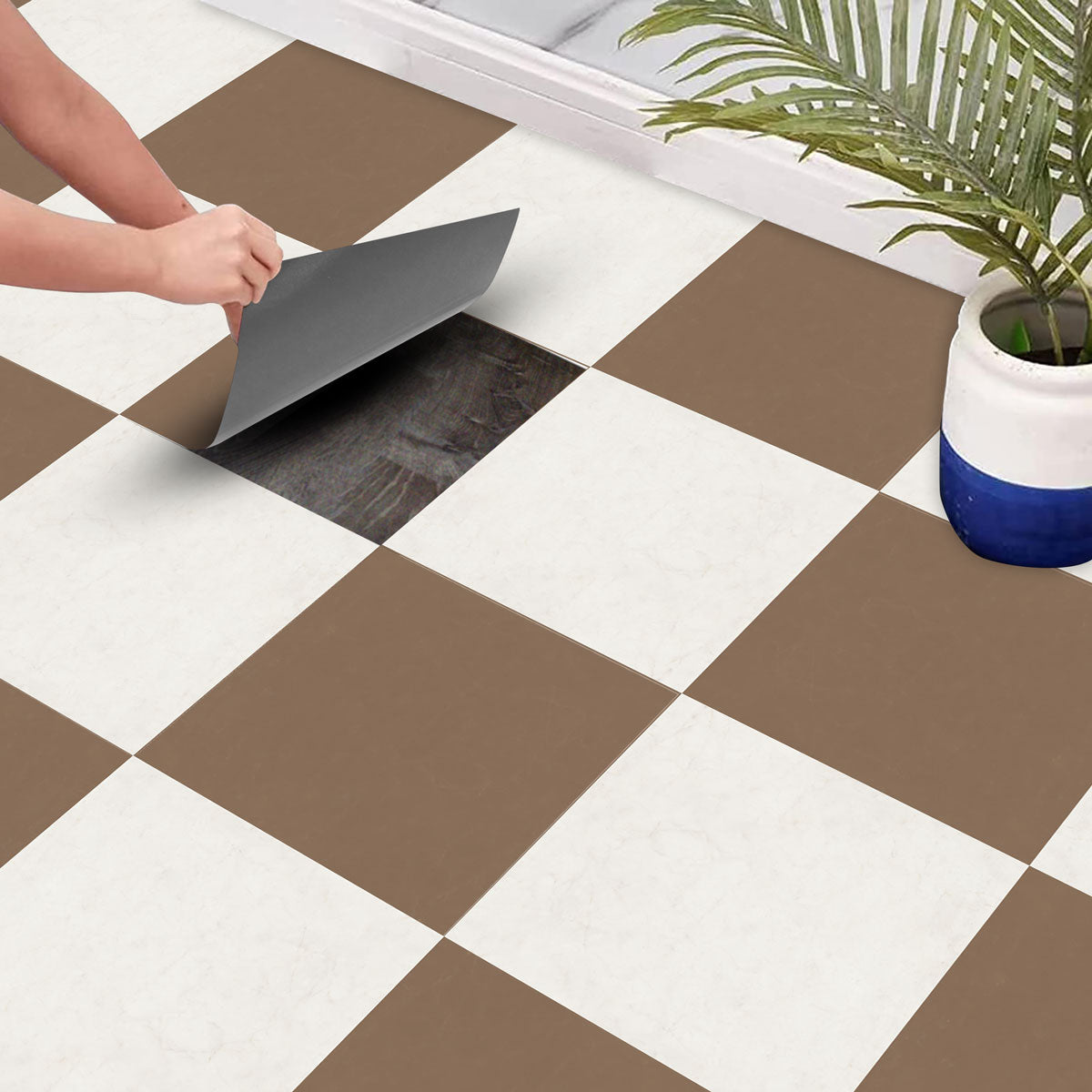 Café Mocha Checker Floor Tile Stickers | Peel and Stick Tile Decals for Kitchen, Bathroom and Wall | Waster Proof | Free Shipping