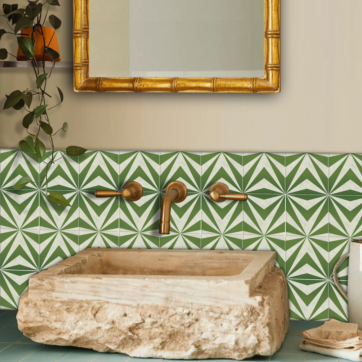 Oblique Moss Green Tile Stickers | Antiskid Floor Tile Vinyl | Peel and Stick Kitchen Bathroom Wall Tile Stickers | Removable