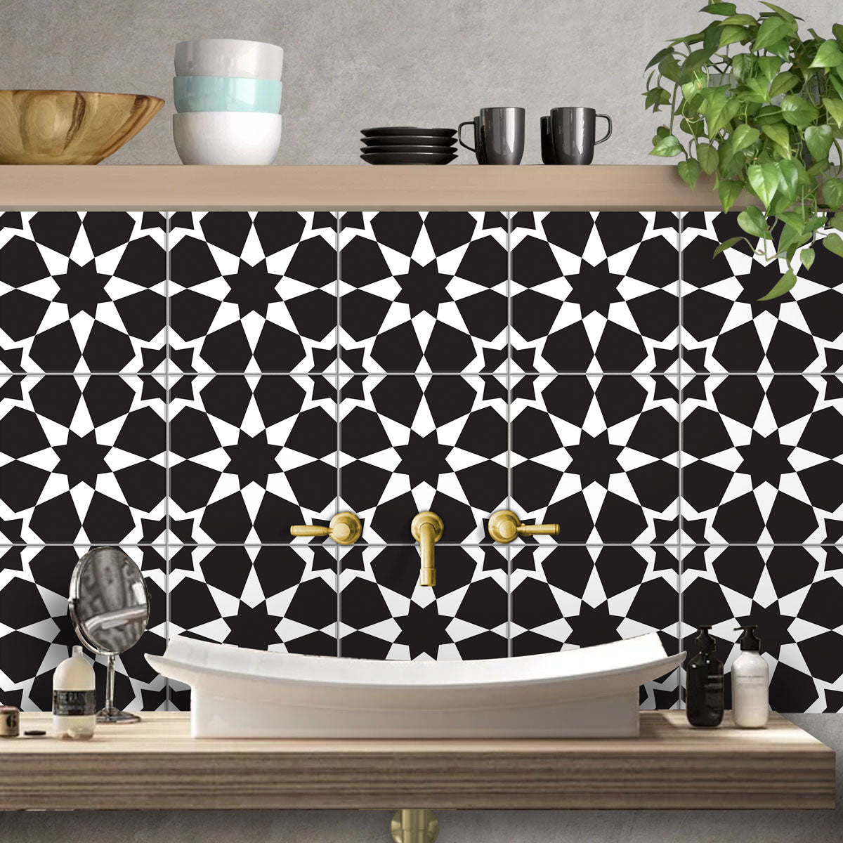 Peel and Stick Black Star Tile Stickers | Antiskid Floor Tiles | Waterproof Bathroom, Kitchen Backsplash Tile Stickers Decals