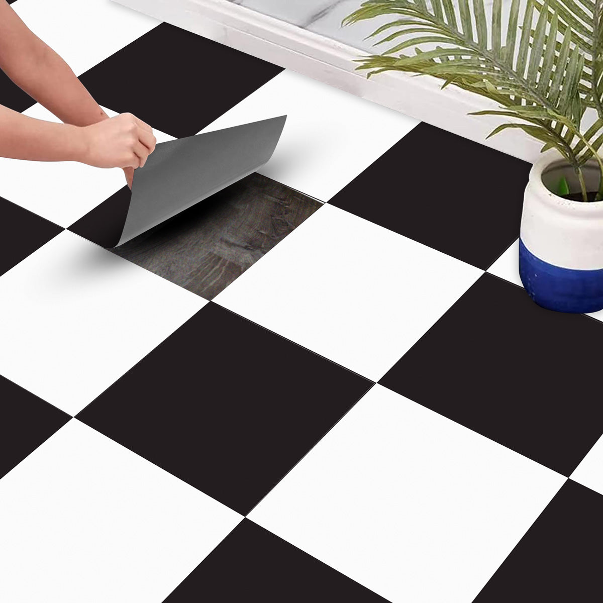 Black and White Checkered Kitchen Floor Tile Decals | Peel and Stick Tile Stickers for Kitchen Bathroom, Wall Tile Stickers