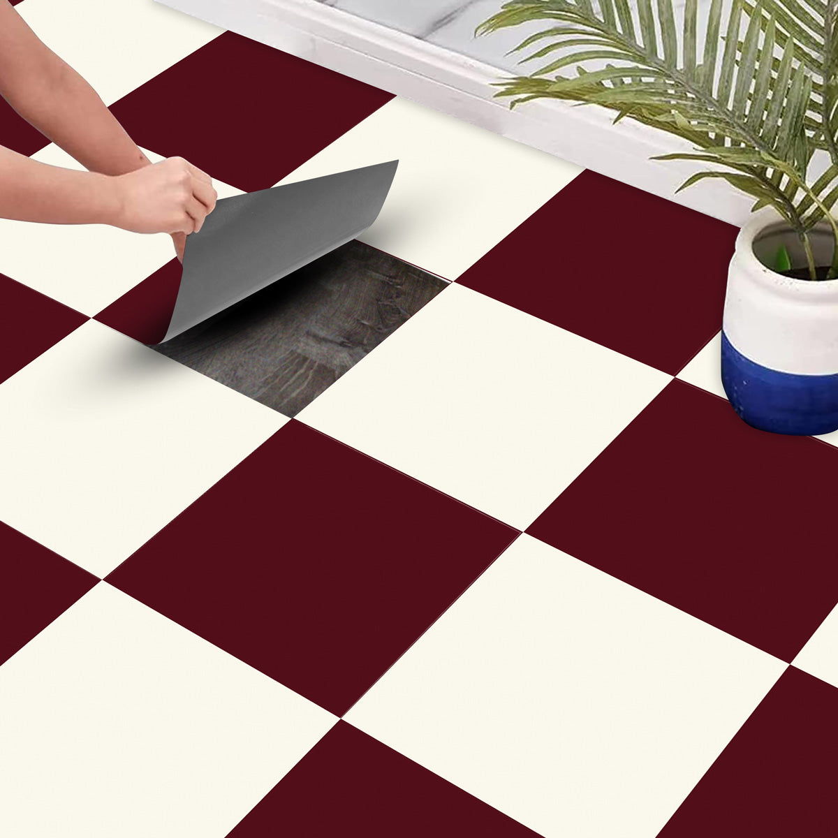 Peel and Stick Burgundy and Ivory Checkered Tile Vinyl | Bathroom Kitchen Backsplash Stickers | Antiskid Floor Tile Stickers