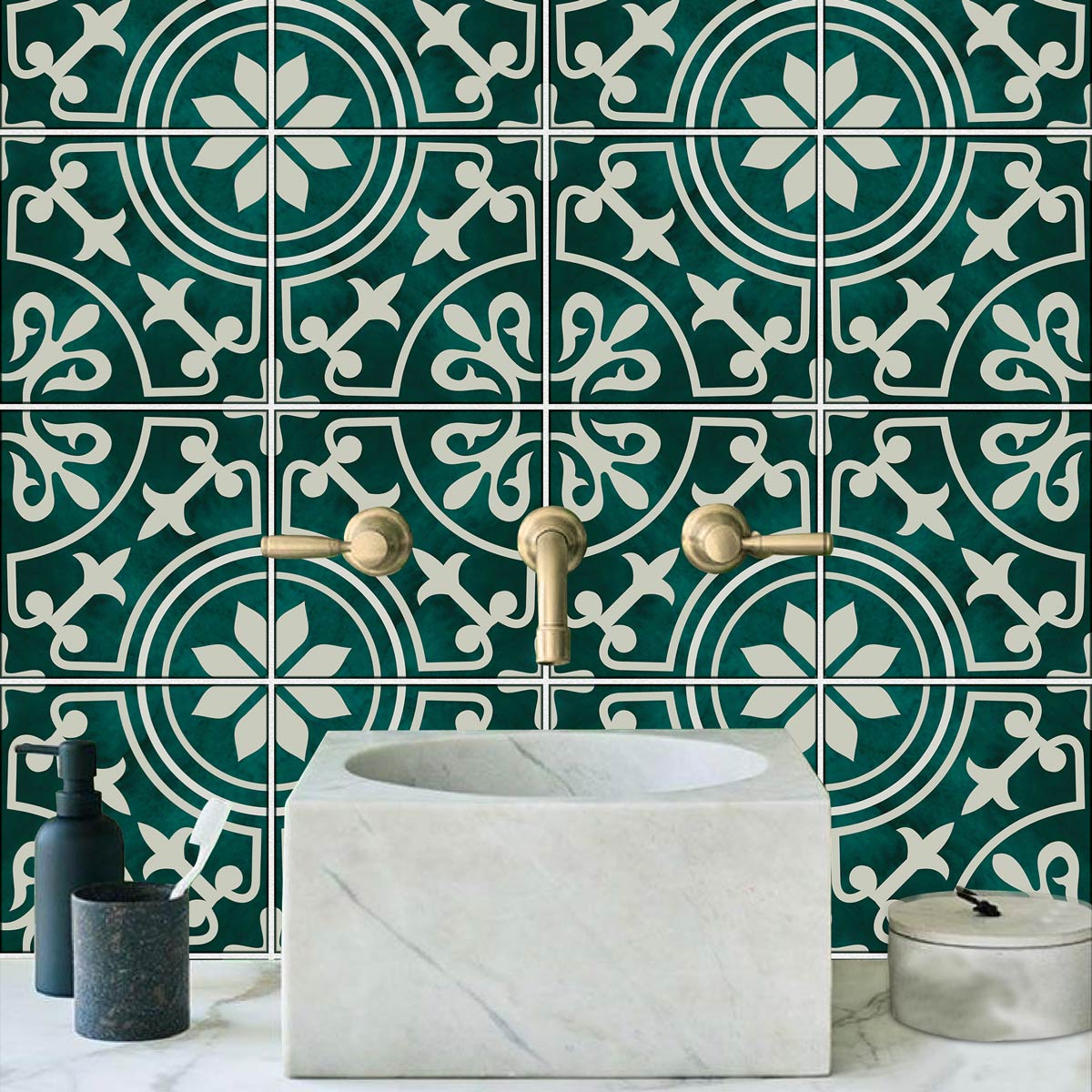 Moss Green Floral Tile Stickers | Bathroom Floor Antiskid Tile Stickers | Peel and Stick Kitchen Wall Backsplash Tile Stickers