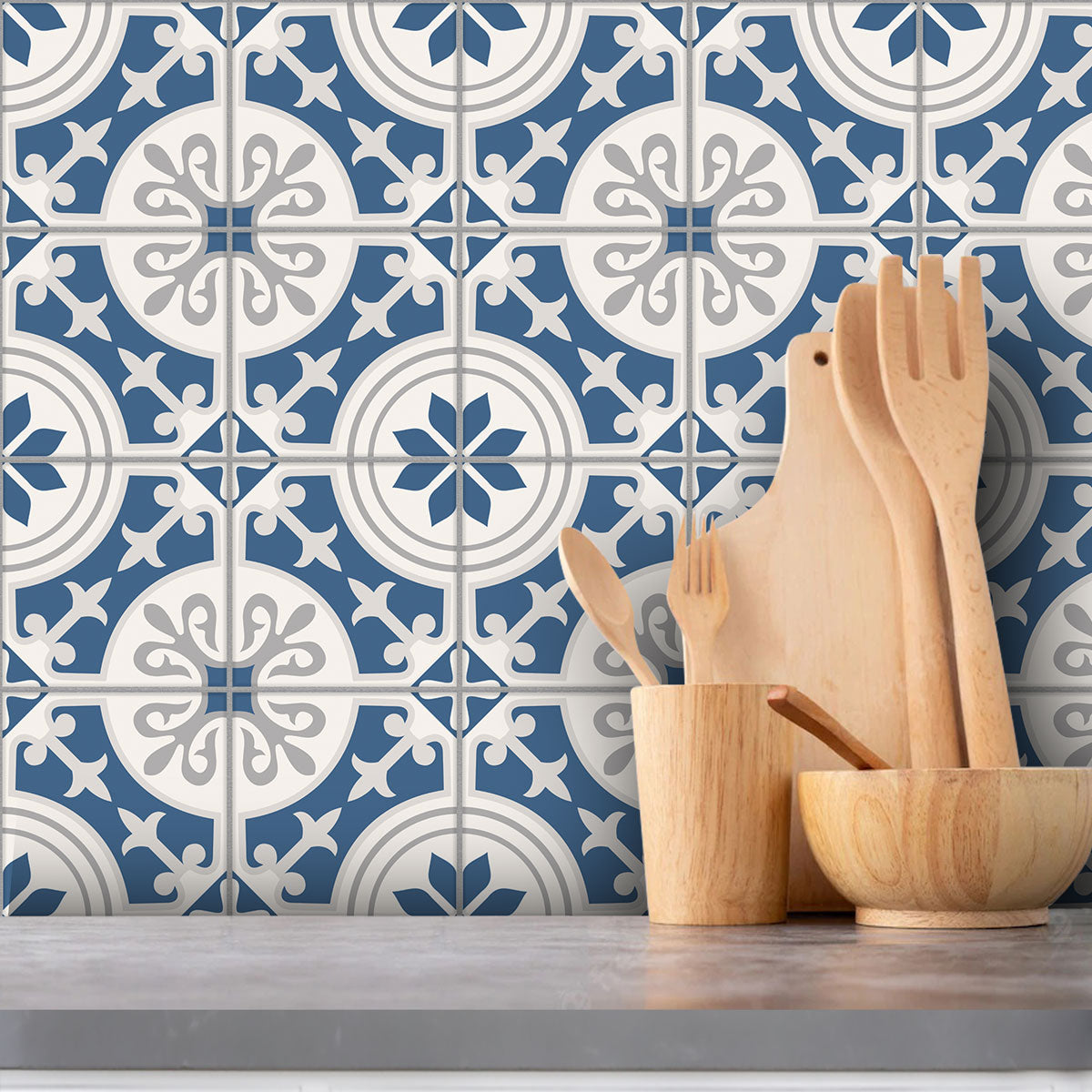 Blue Suede Floral Tile Sticker | Antiskid Bathroom Floor Tile Vinyl | Peel and Stick Kitchen Wall Backsplash Tile Stickers