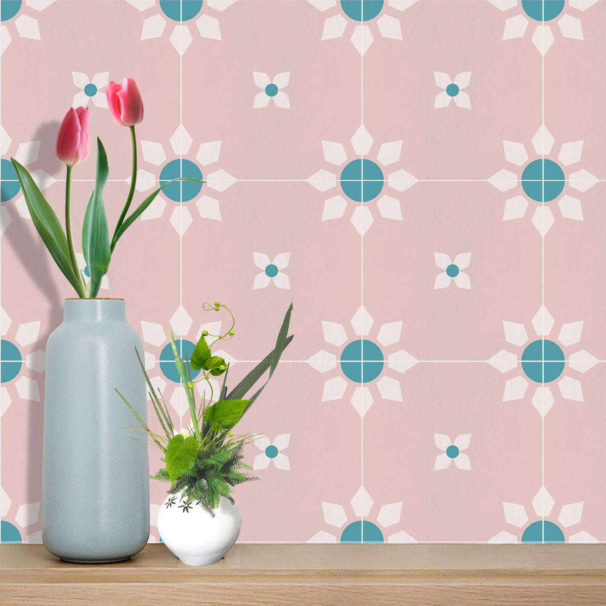 Pink and White Floral Tile Stickers | Peel and Stick Bathroom Kitchen Floor Wall Hand Crafted Tile Vinyl Decals | Removable