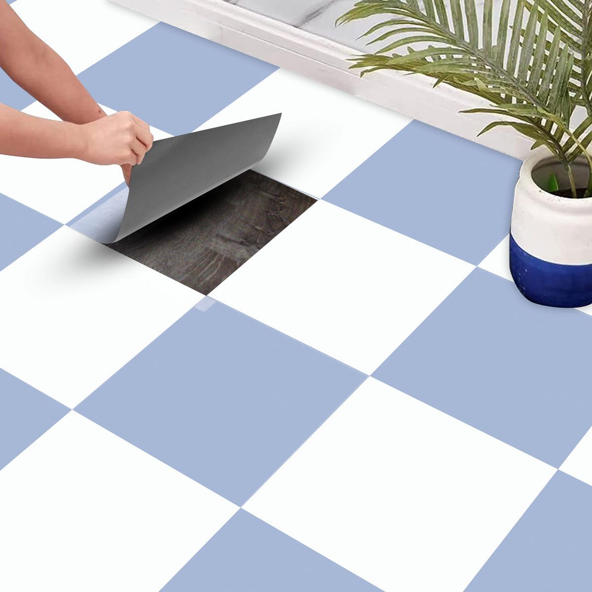 Pastel Blue & Light White Checkered Floor Tile Stickers | Peel and Stick Kitchen, Bathroom, Wall Tile Vinyl Decals| Removable