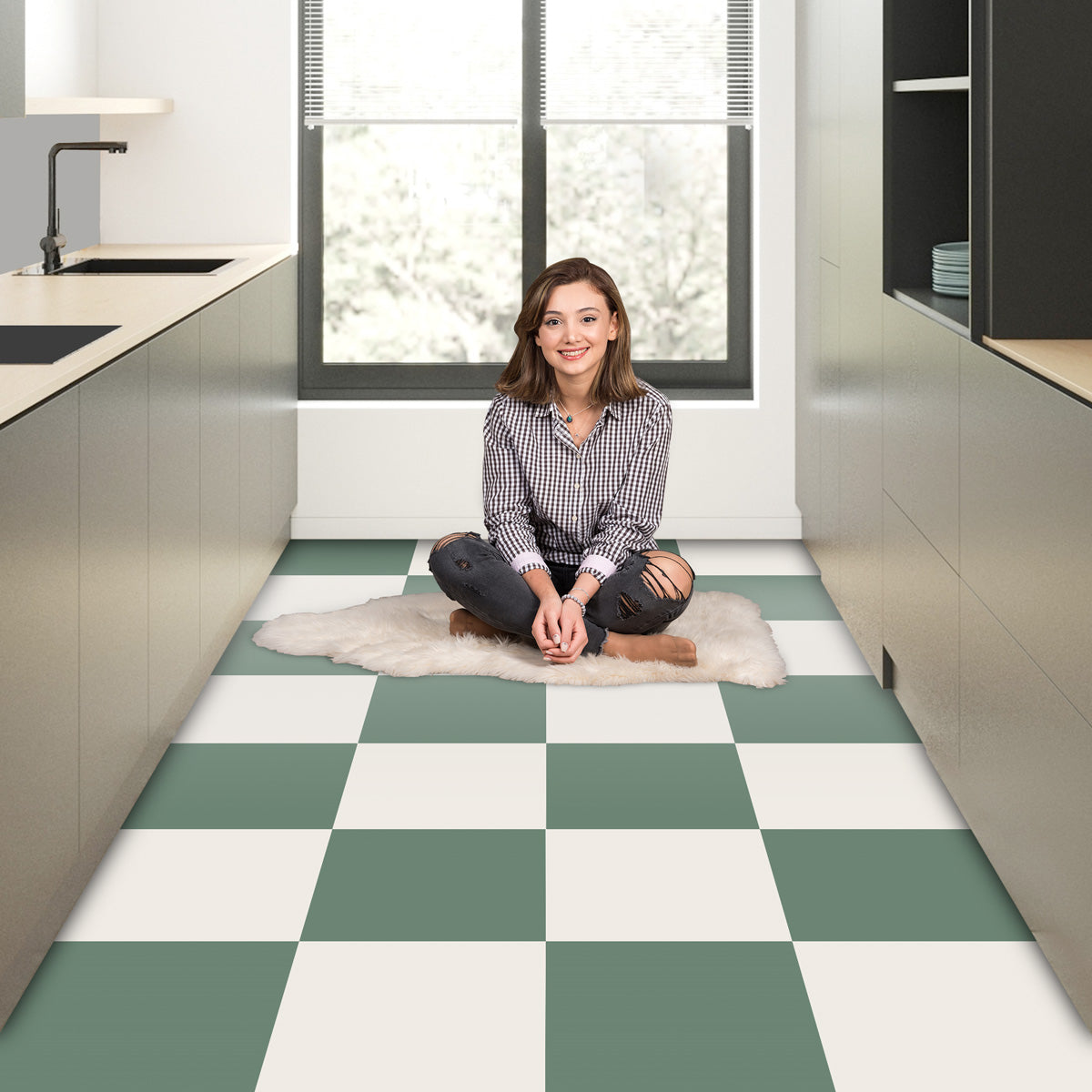 Dark Lime Green & Cream Checkered Tile Stickers | Peel and Stick Kitchen Backsplash Floor, Bathroom, Wall Tile vinyl | Free Shipping