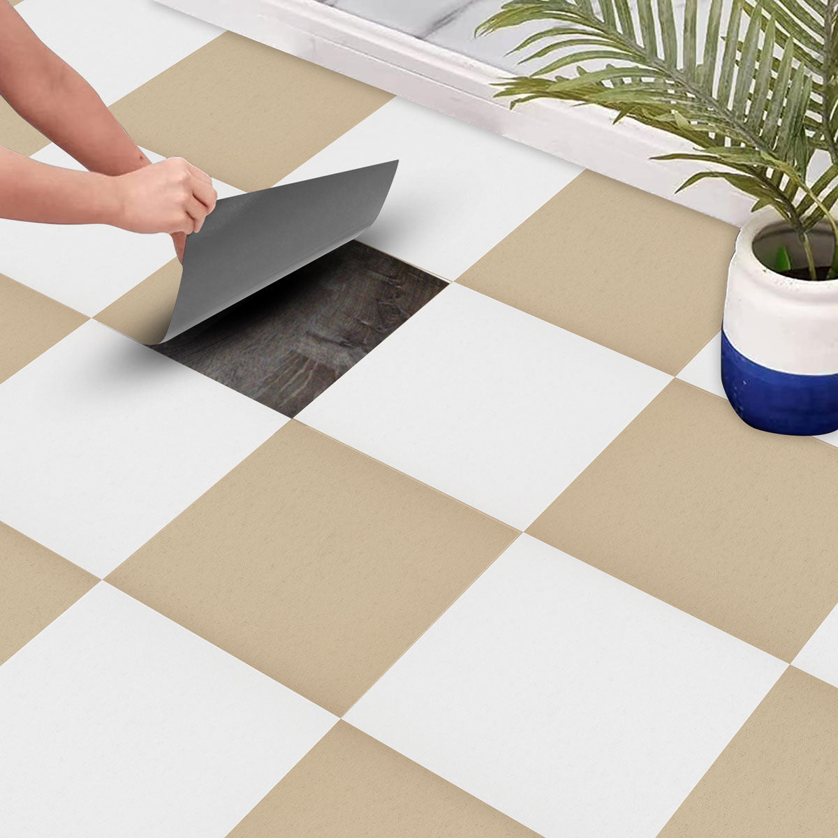 Peel and Stick Beige and Off-White Texture Tile Stickers | Bathroom Kitchen Backsplash Tile Decals | Antiskid Floor Tile Vinyl