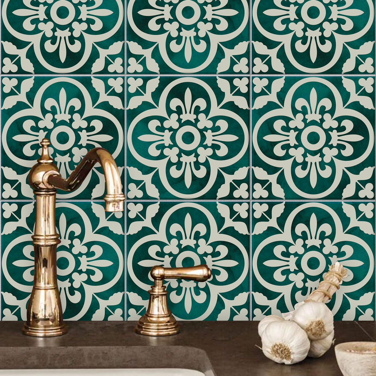 Classic Moss Green - Off White: Backsplash Tile Stickers | Stair Decals | Peel and Stick Kitchen, Bathroom and Floor Tile Stickers