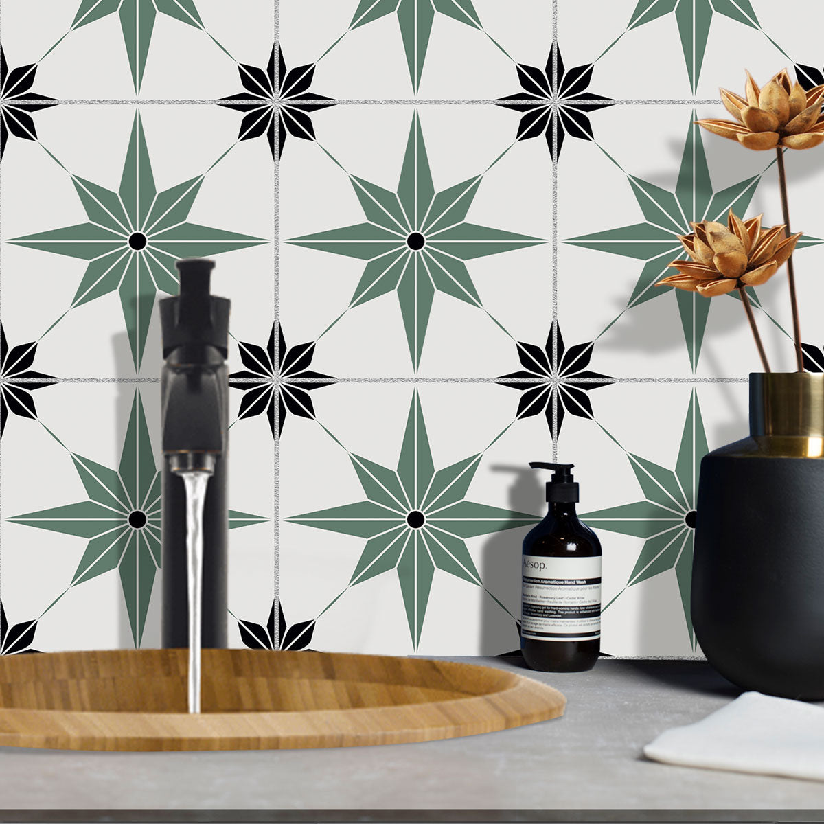 Peel and Stick Olive Green with Blackstar Tile Stickers | Removable | Bathroom Floor Antiskid Tile Decals | Free Shipping
