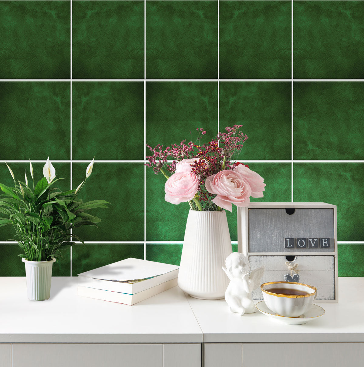 Green Texture Floor Tile Stickers | Peel and Stick Kitchen Bathroom Wall Backsplash Tile Stickers | Removable | Free Shipping