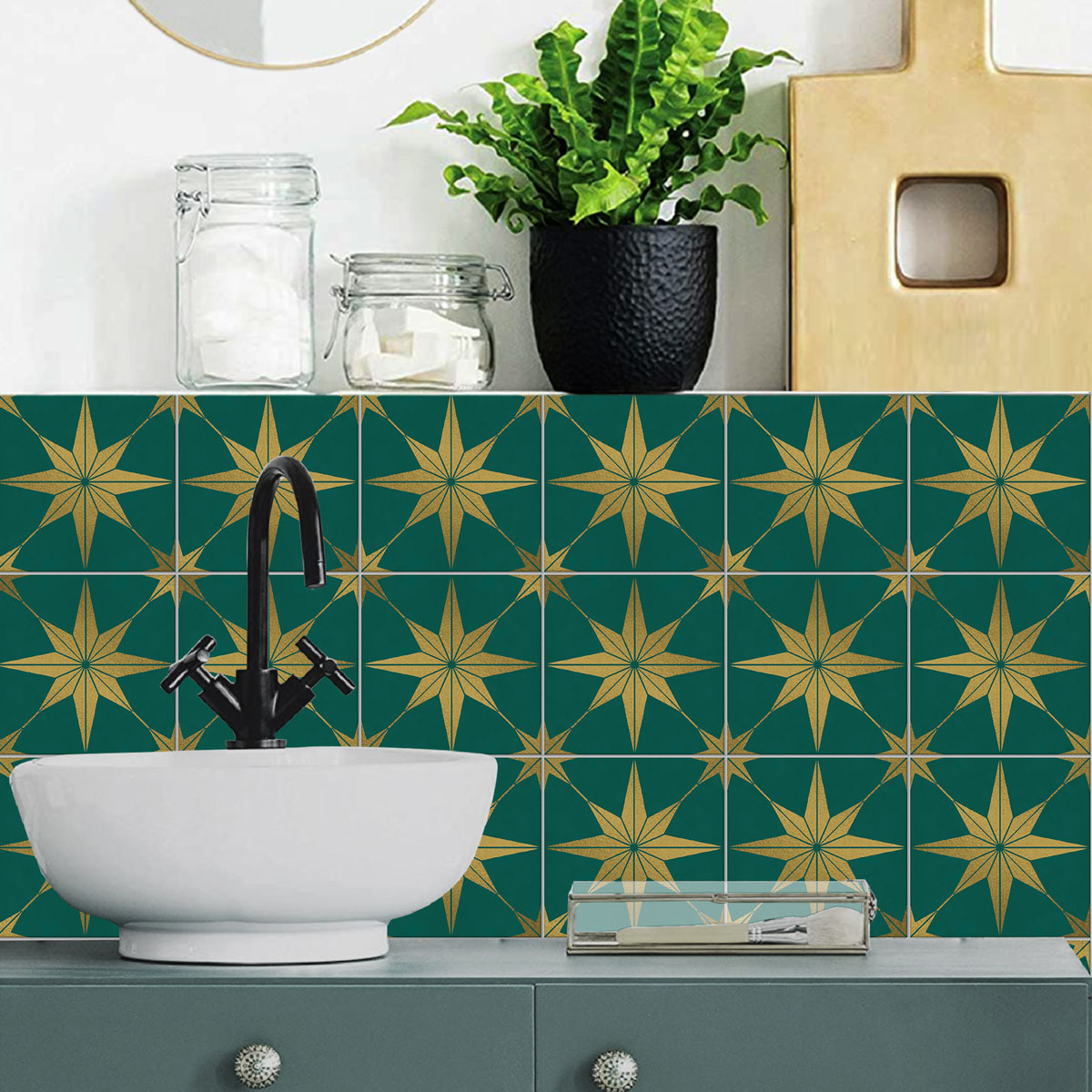 Peel and Stick Green Como Star Tile Stickers | Waterproof, Removable | Antiskid for Bathroom Floor Tile Decals | Removable