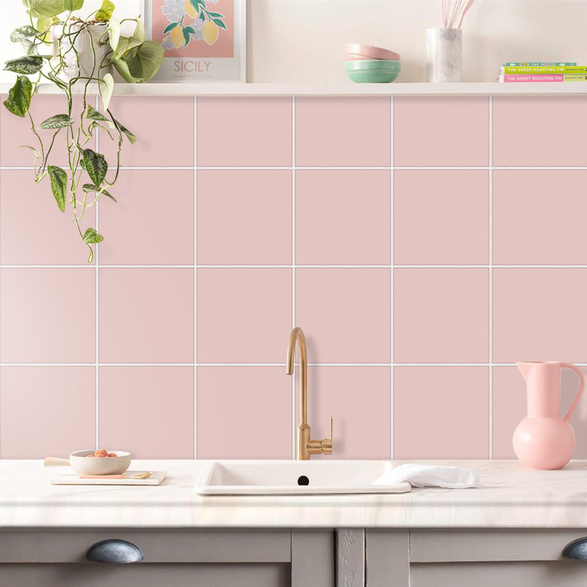 Pearl Pink Peel and Stick Floor Tile Stickers | Kitchen Bathroom Tile Vinyl | Antiskid Floor Tile Stickers | Free Shippping