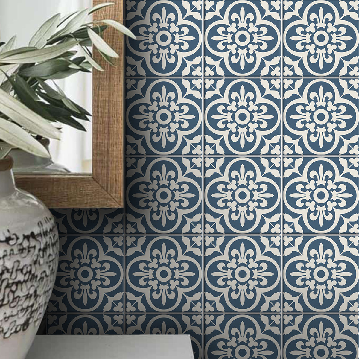 Classic Sky Blue and Off White Backsplash Tile Stickers | Peel and Stick Kitchen Bathroom Floor Wall Tile Stickers | Removable