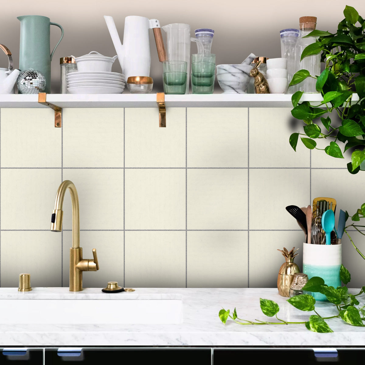 Peel and Stick Ivory Texture Tile Stickers | Backsplash Kitchen, Bathroom & Wall Tile Vinyl Decals |  Antiskid Floor Tile Stickers