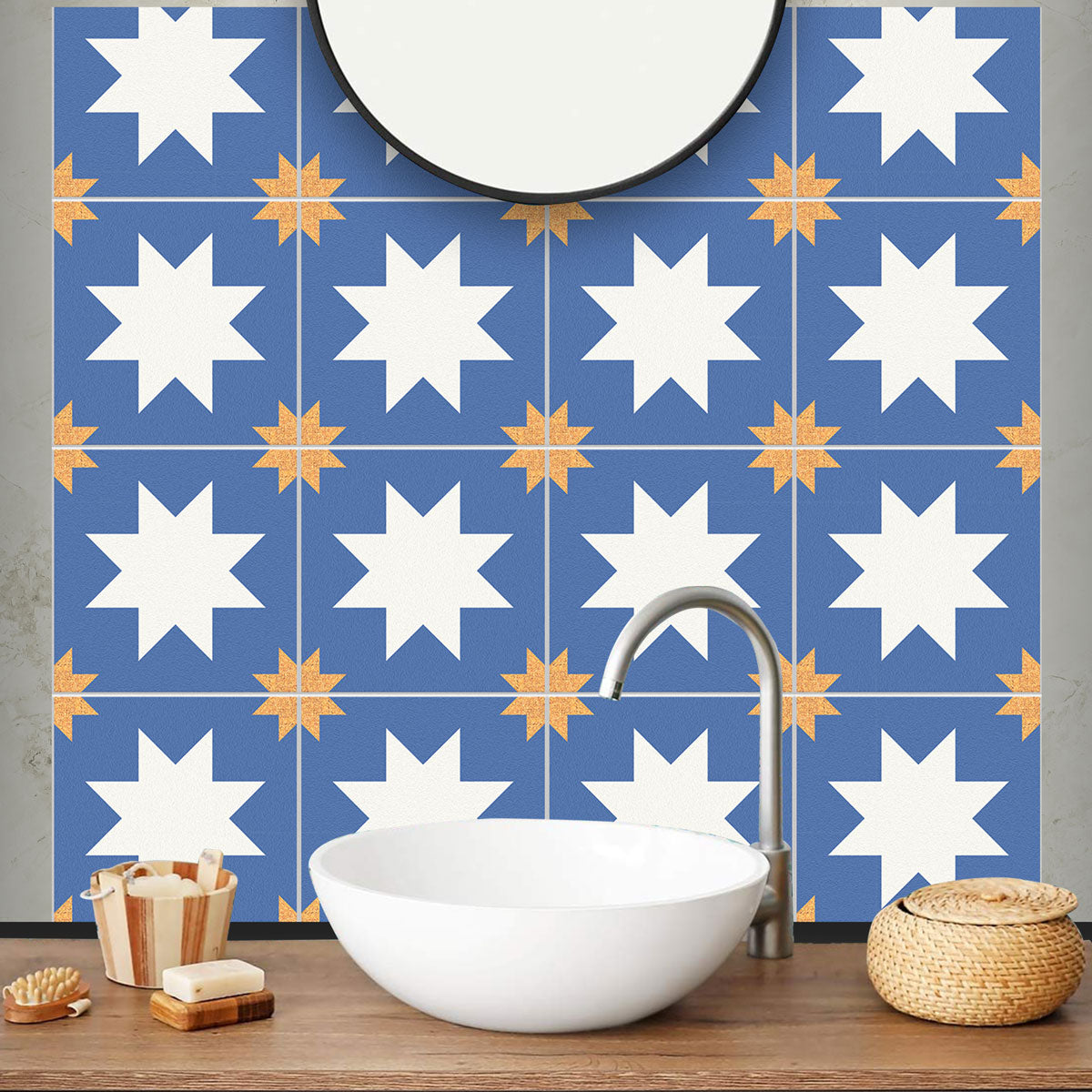 Peel and Stick Blue & Gold Star Texture Tile Vinyl | Kitchen Bathroom Floor Tile Vinyl ecals | Backsplash Stickers | Removable