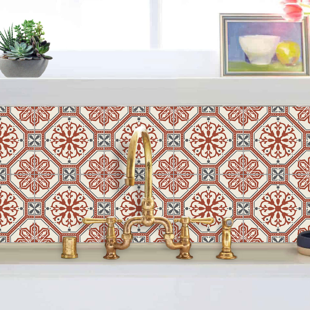 Terracotta Victorian Bloom Peel and Stick Tile Stickers | Kitchen, Bathroom Wall Tile Vinyl Decals | Antiskid Floor Tile Stickers