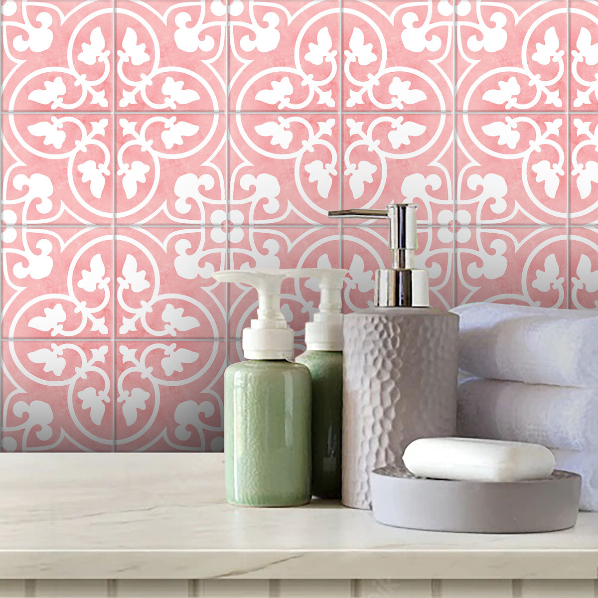 Delicate Pink Floral Tile Stickers | Peel and Stick Kitchen, Wall and Bathroom Tile Stickers | Hand Crafted Decals | Removable