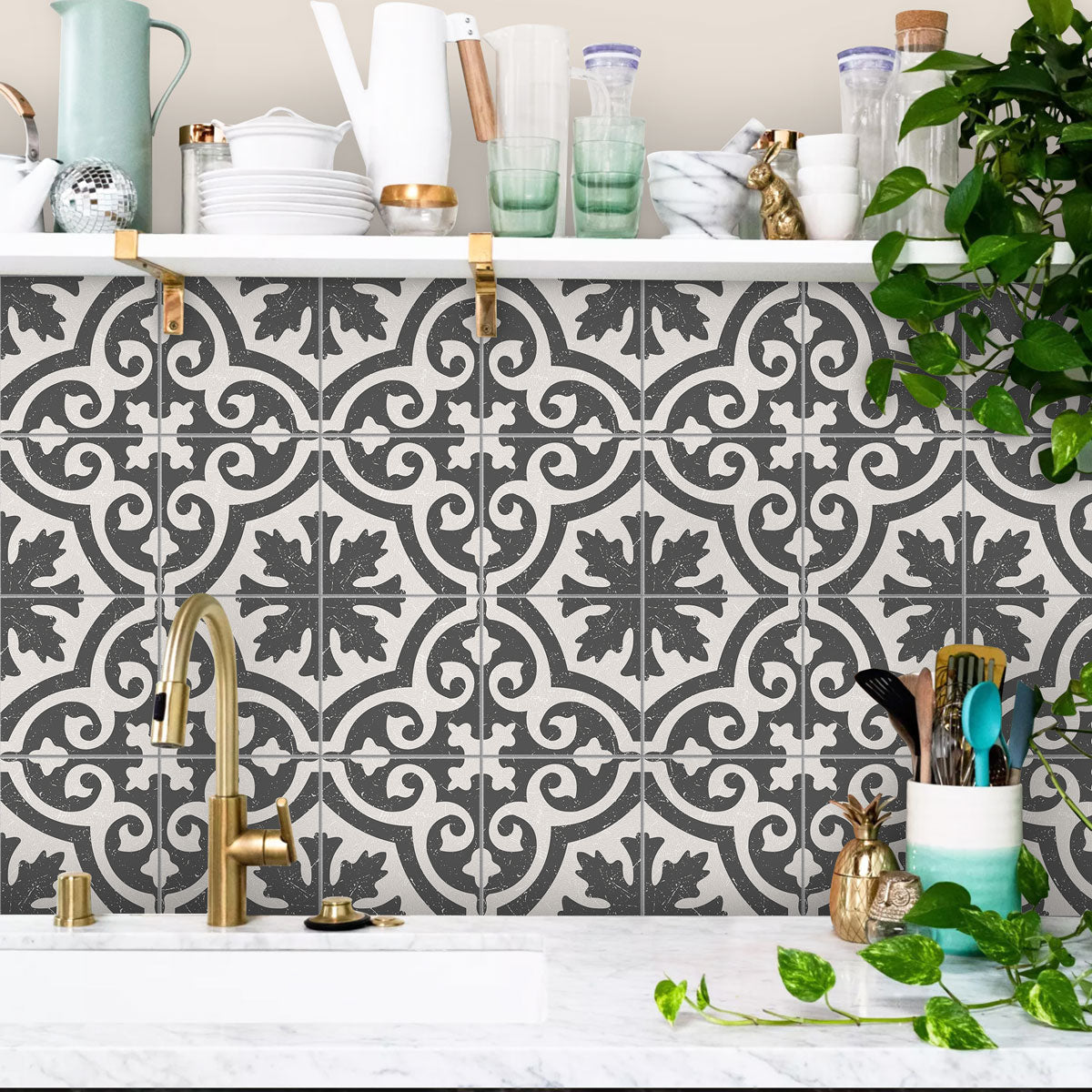 Elegance Vintage Floral Tile Stickers | Antiskid Floor Tile Vinyl | Peel and Stick Kitchen Bathroom Wall Tile Vinyl Decals