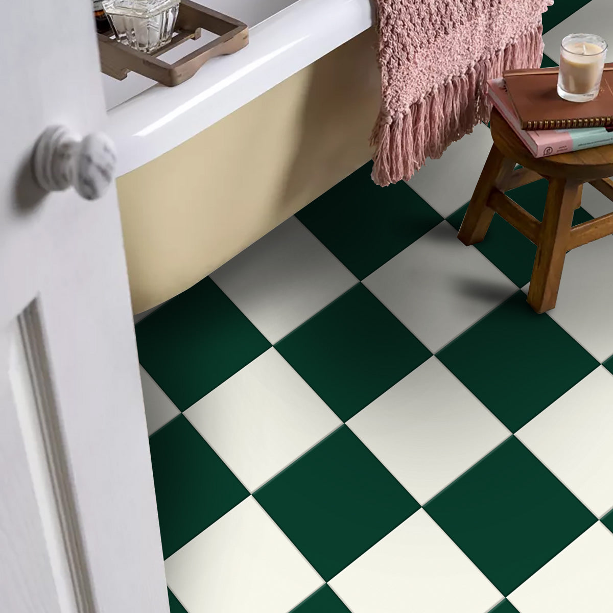 Green and Ivory Tile Stickers | Antiskid Floor Tile Vinyl Decals | Kitchen, Bathroom, Wall Peel and Stick Tile Vinyl Stickers