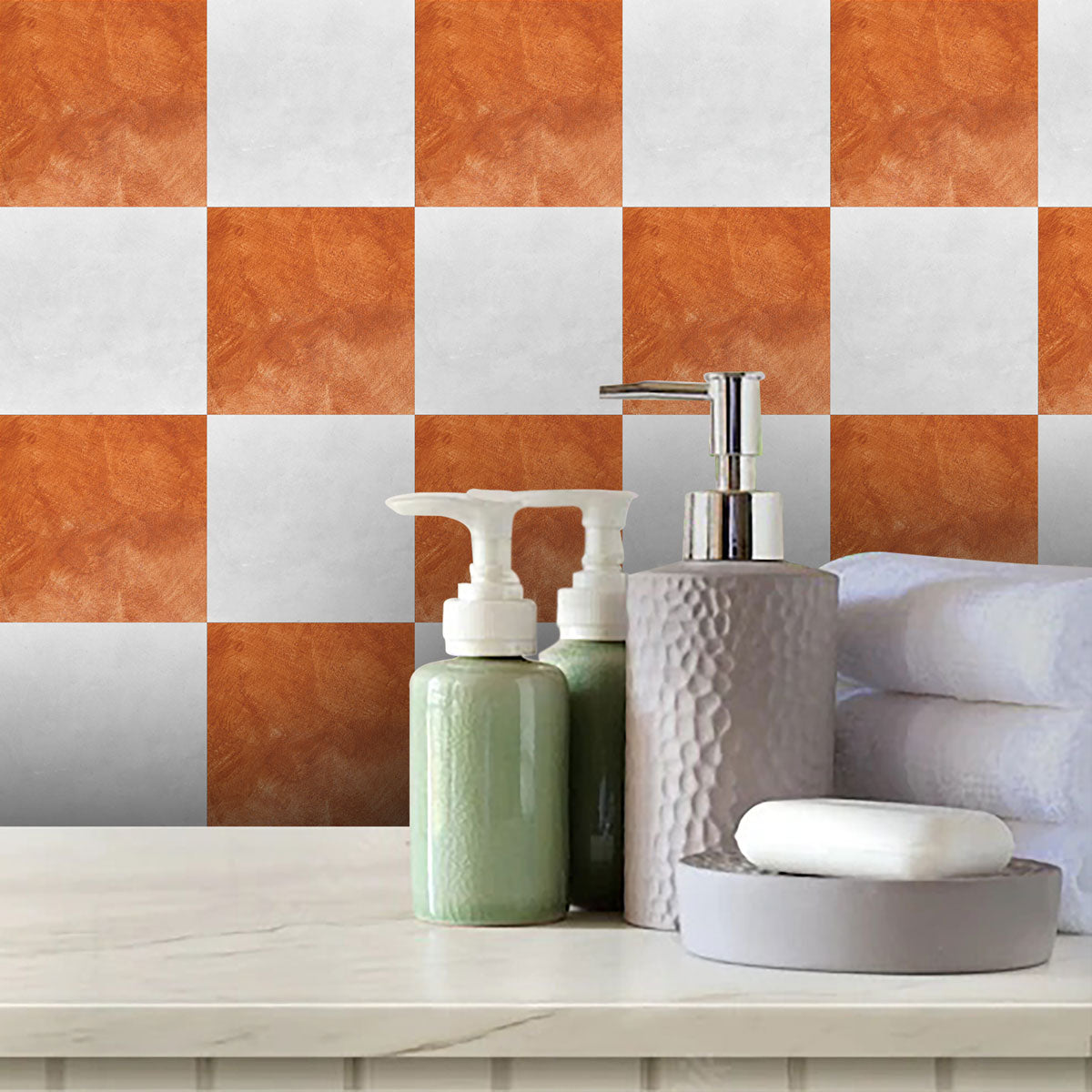 Orange and Light White Checkered Texture Tile Stickers | Peel and Stick Kitchen, Bathroom Wall Floor Tile Vinyl Decals | Removable