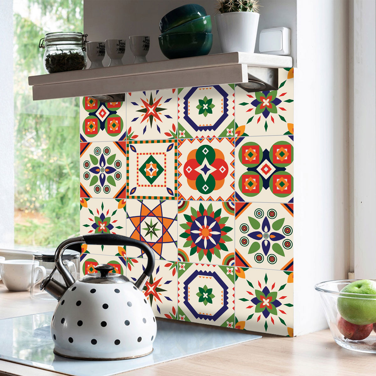 Peel and Stick Colorful Santorin Tile Stickers | Kitchen, Bathroom, Wall Backsplash Tile Vinyl | Waterproof | Removable