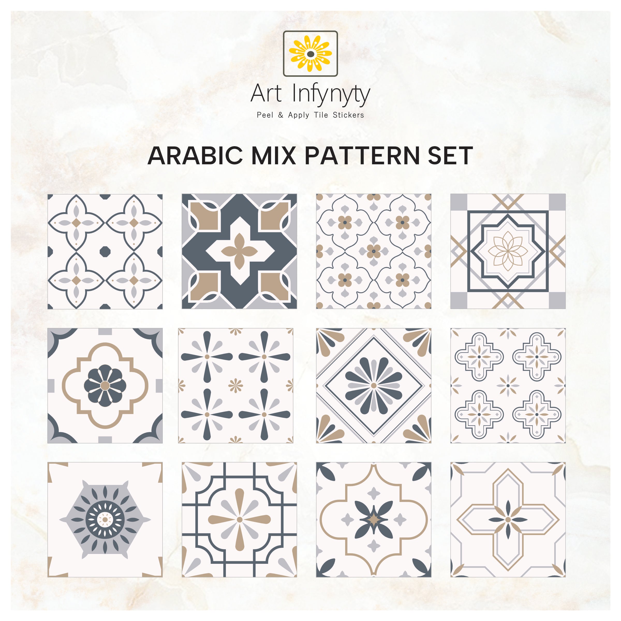 Elegant Arabic Peel and Stick Tile Stickers | Antiskid Floor Tile Vinyl | Bathroom, Wall, Kitchen Backsplash Tile Decals | Free Shipping