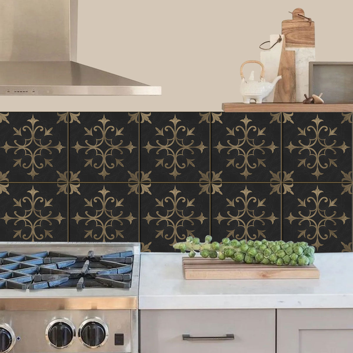 Classic Tarnished Gold Floral Floor Tile Stickers | Handcrafted Tile Decals | Peel and Stick Kitchen, Wall, Bathroom Tile Stickers