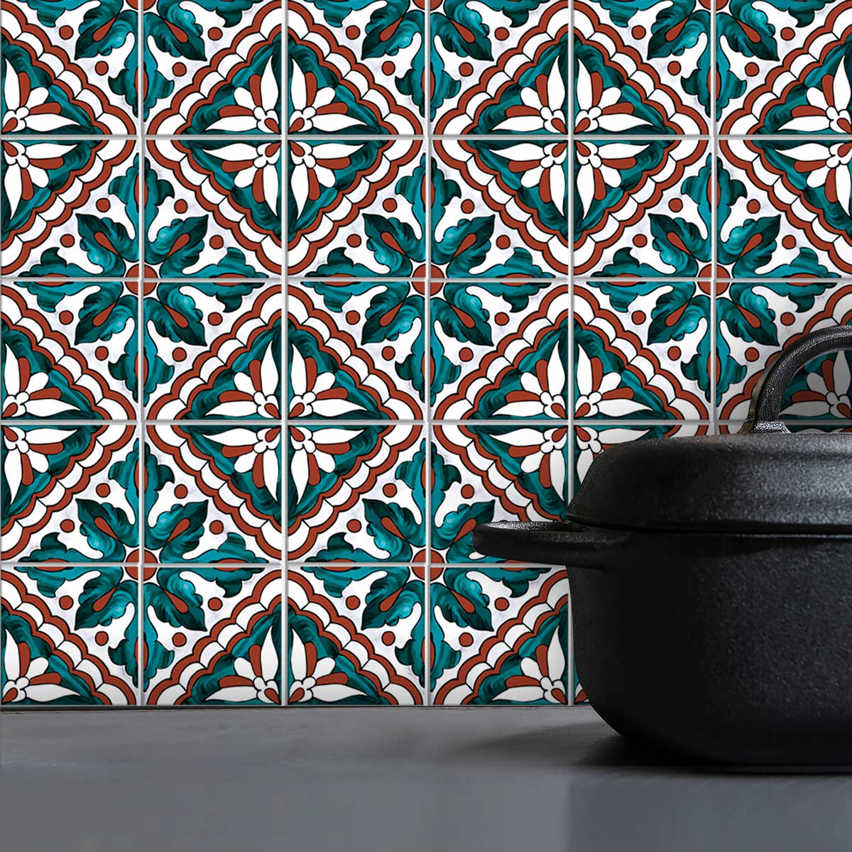 Peel and Stick Tile Moroccan Stickers | Moss Green with Terracotta Design Tile Decals | Kitchen Bathroom Wall Tile Stickers