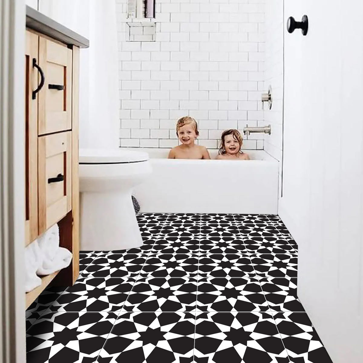 Peel and Stick Black Star Tile Stickers | Antiskid Floor Tiles | Waterproof Bathroom, Kitchen Backsplash Tile Stickers Decals