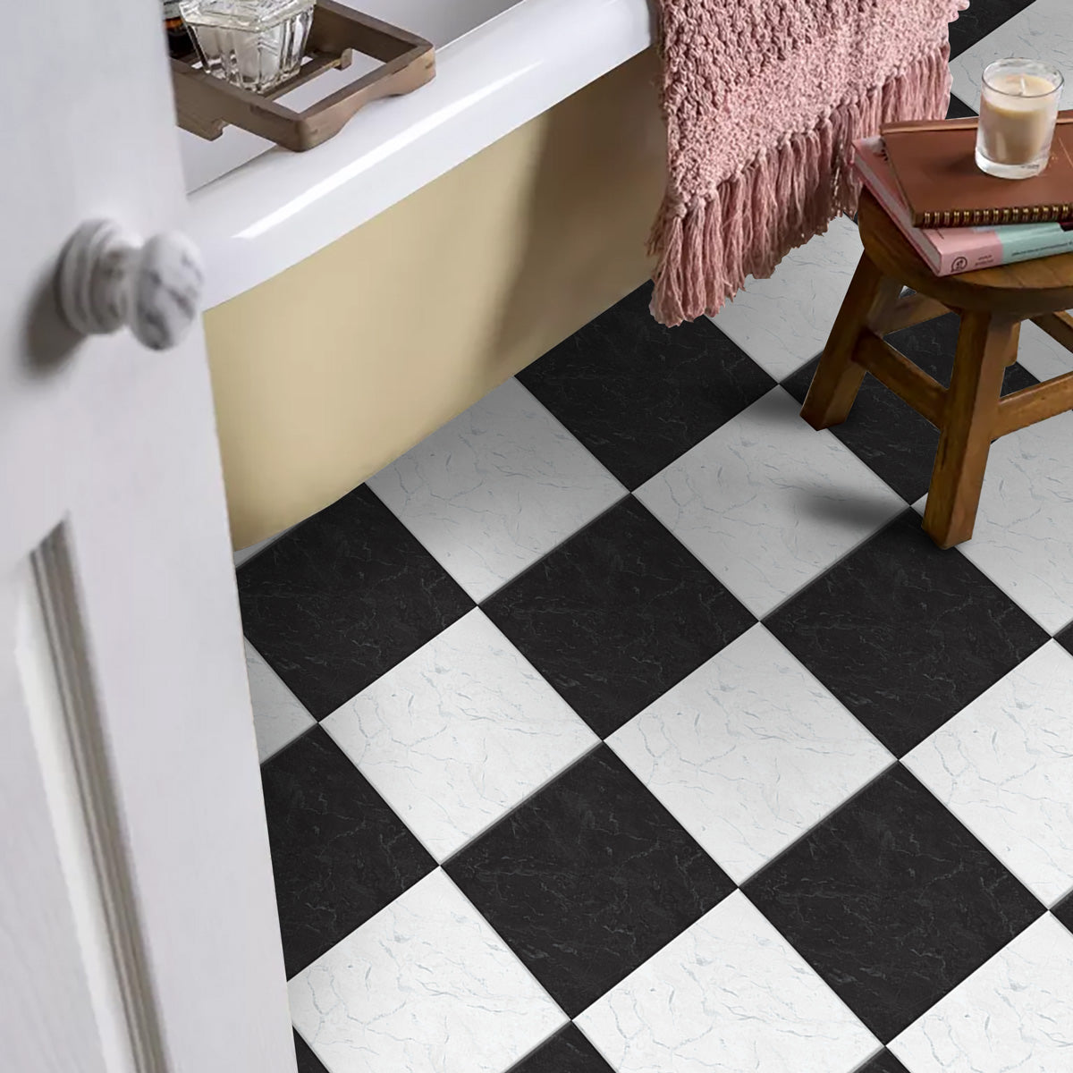 Black and White Checkered Marble Texture Tile Stickers | Antiskid Floor Tile Stickers | Peel and Stick Tile Vinyl | Removable