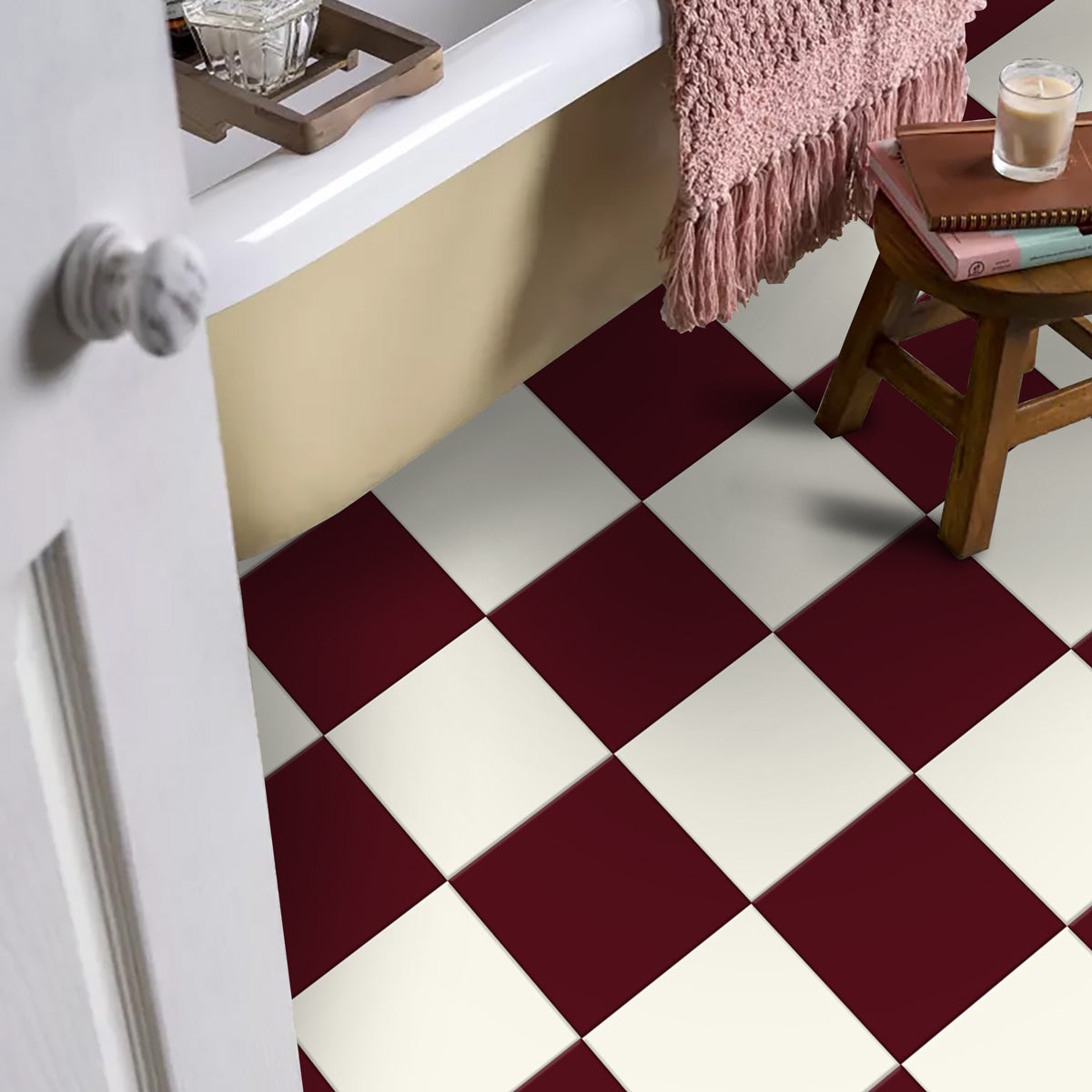 Peel and Stick Burgundy and Ivory Checkered Tile Vinyl | Bathroom Kitchen Backsplash Stickers | Antiskid Floor Tile Stickers