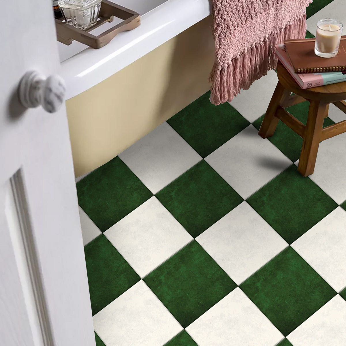 Mose Green and Ivory Checkered Texture Floor Tile Stickers | Peel and Stick Kitchen Bathroom Wall Backsplash Tile Vinyl | Removable