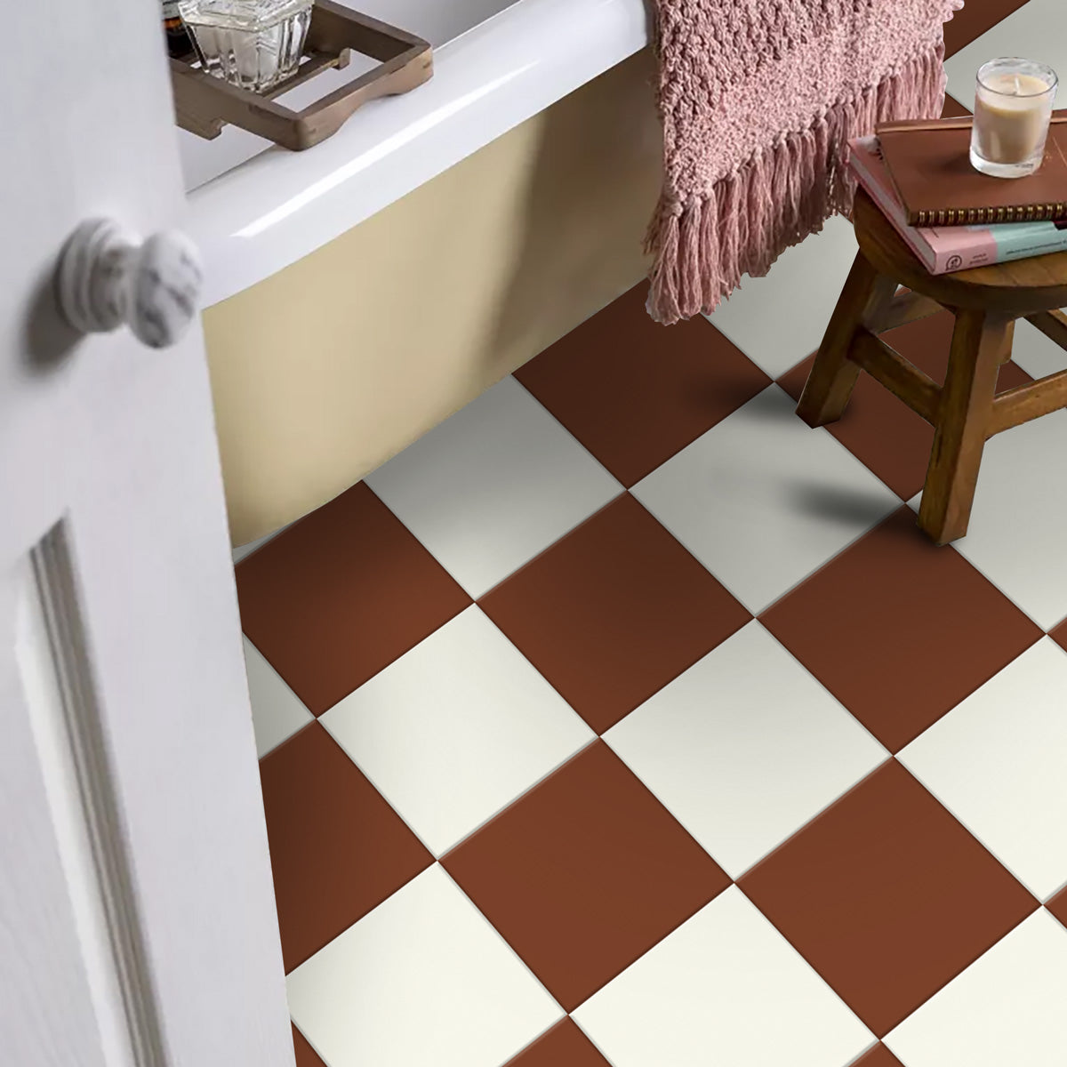 Burnt Cinnamon and Ivory Tile Stickers | Peel and Stick Kitchen, Bathroom, Wall Tile Decals | Antiskid Floor Tile Stickers