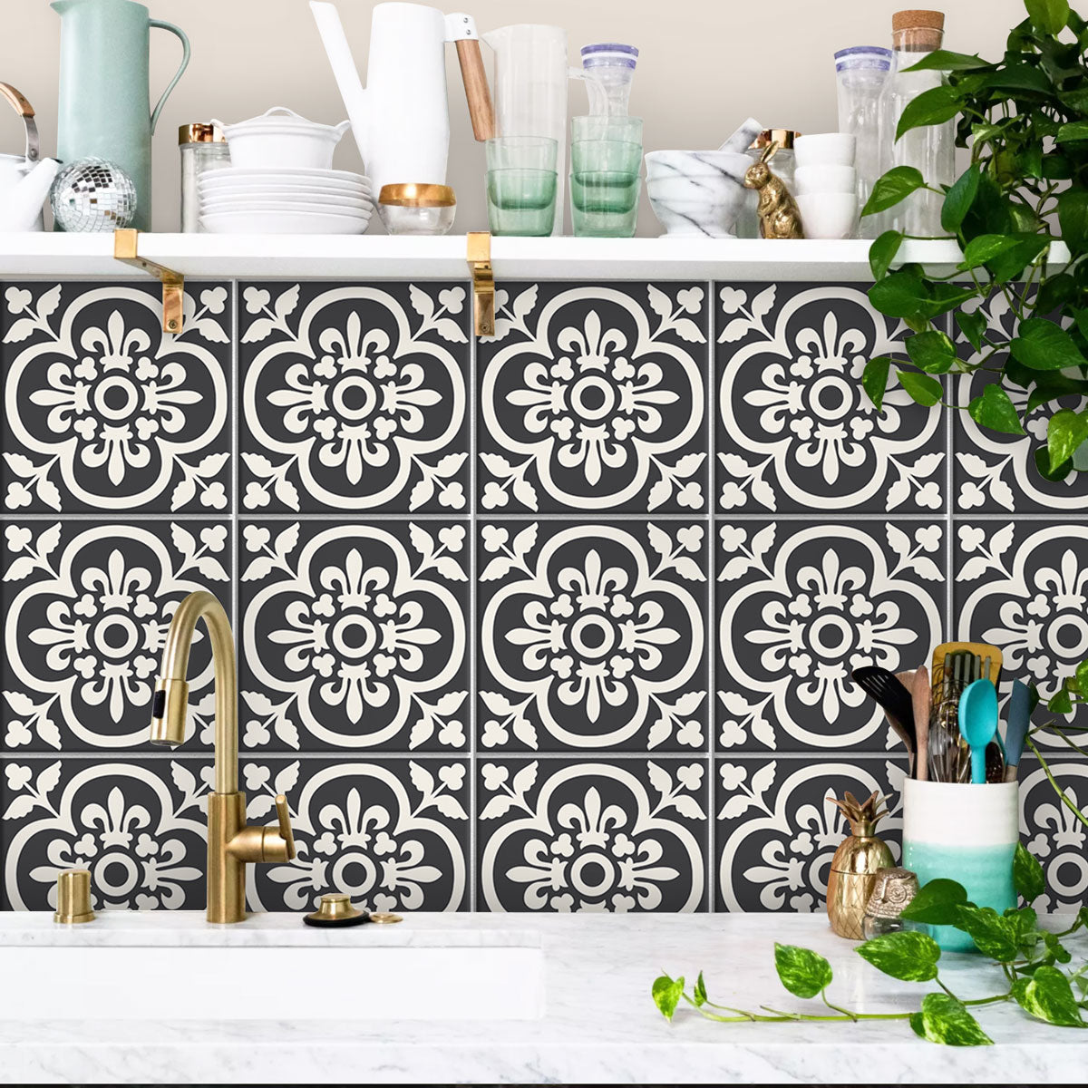 Elegant Damask Floral Floor Tile Stickers | Peel and Stick Tile Decals for Kitchen Bathroom Wall | Antiskid Floor Tile Vinyl