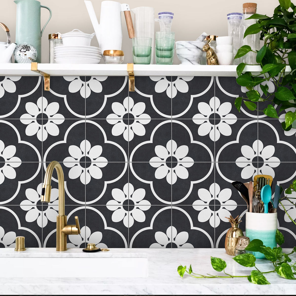 Black and White Floral Marseille Tile Stickers | Peel and Stick Tile Vinyl for Kitchen Floor Wall and Bathroom | Removable