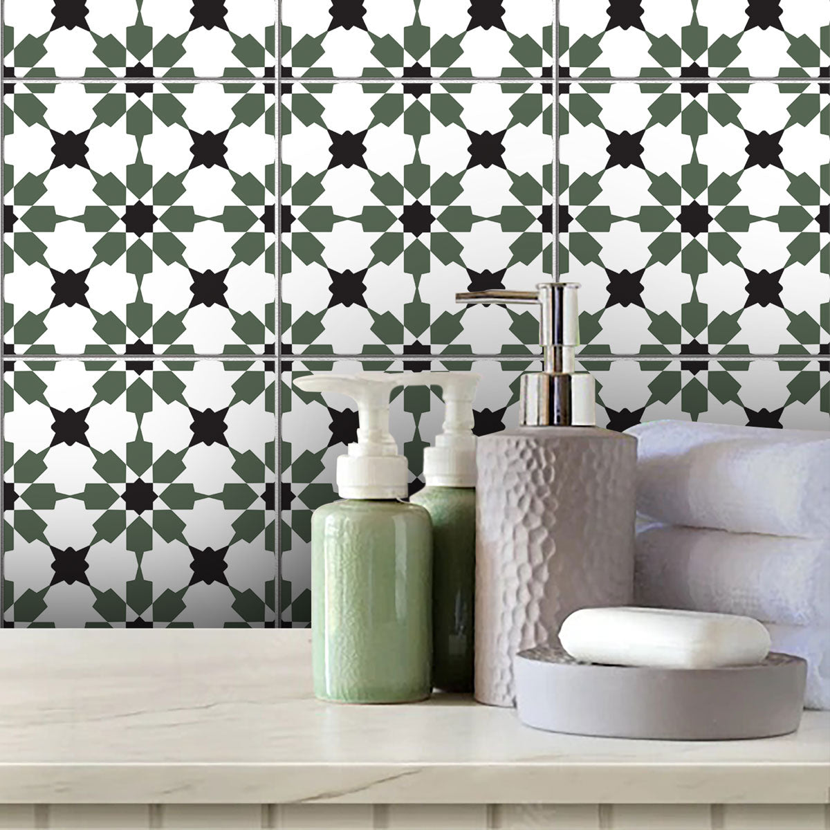 Peel and Stick Moroccan Forest Green Tile Stickers | Kitchen Bathroom Decal, Wall Stair Decal | Removable | Free Shipping