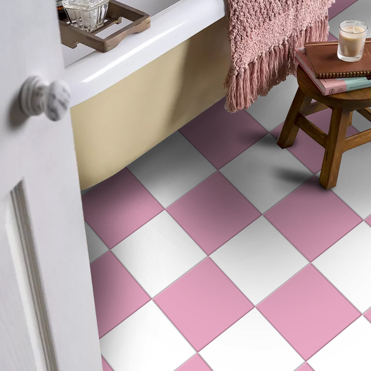 Candy Pink and Light White Texture Tile Stickers | Kitchen Bathroom Wall Peel and Stick Tile Decals | Antiskid Floor Tile Stickers