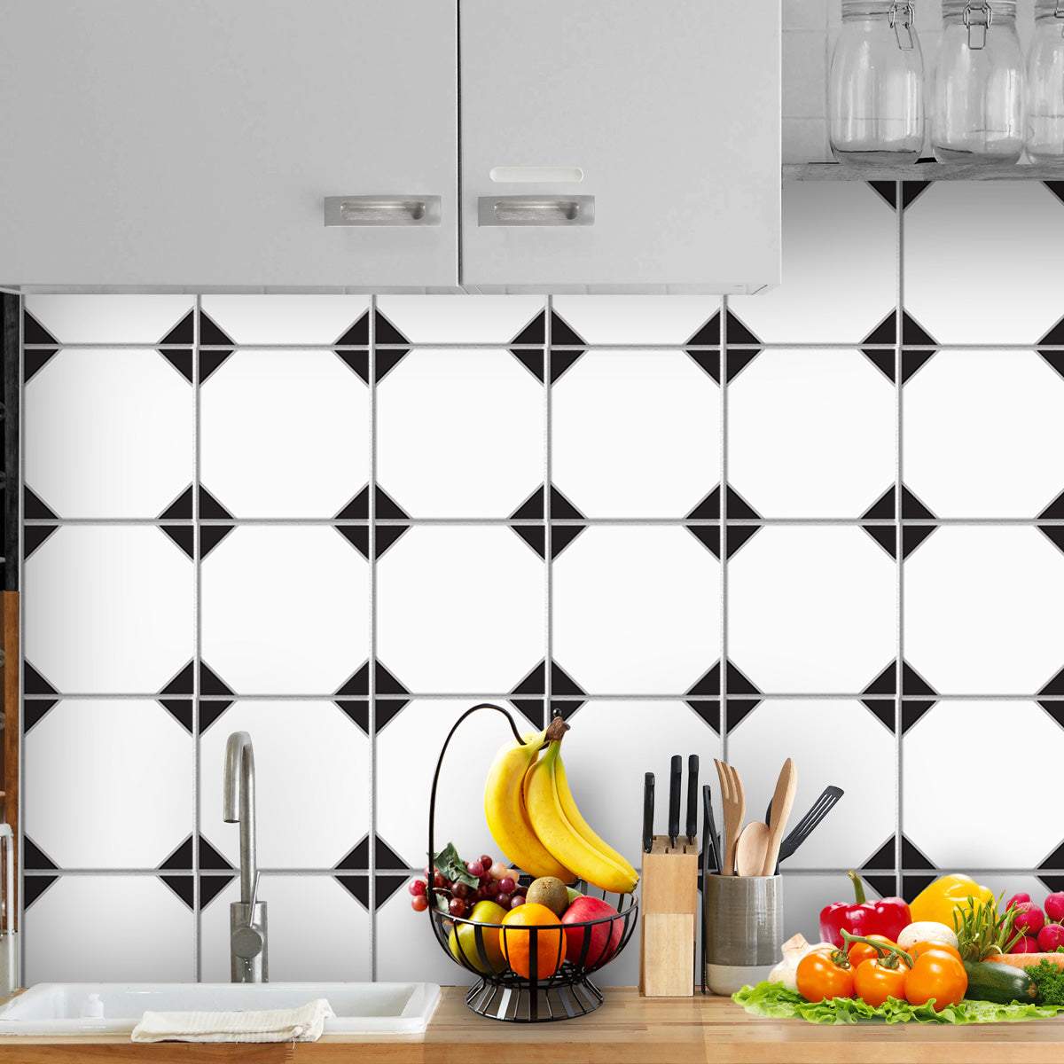 Black and White Geometric Tile Stickers | Peel and Stick Kitchen Wall Floor Bathroom Tile Decals | Removable| Free Shipping