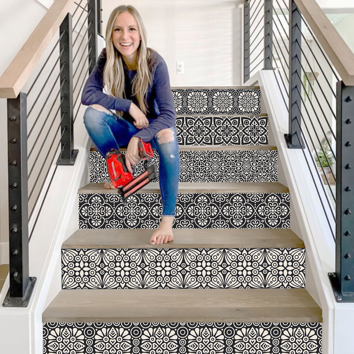Black and Ivory Peel and Stick Stair Decals | Easy to Trim | DIY Home Decor-Extra long 49" length | FREE SHIPPING!