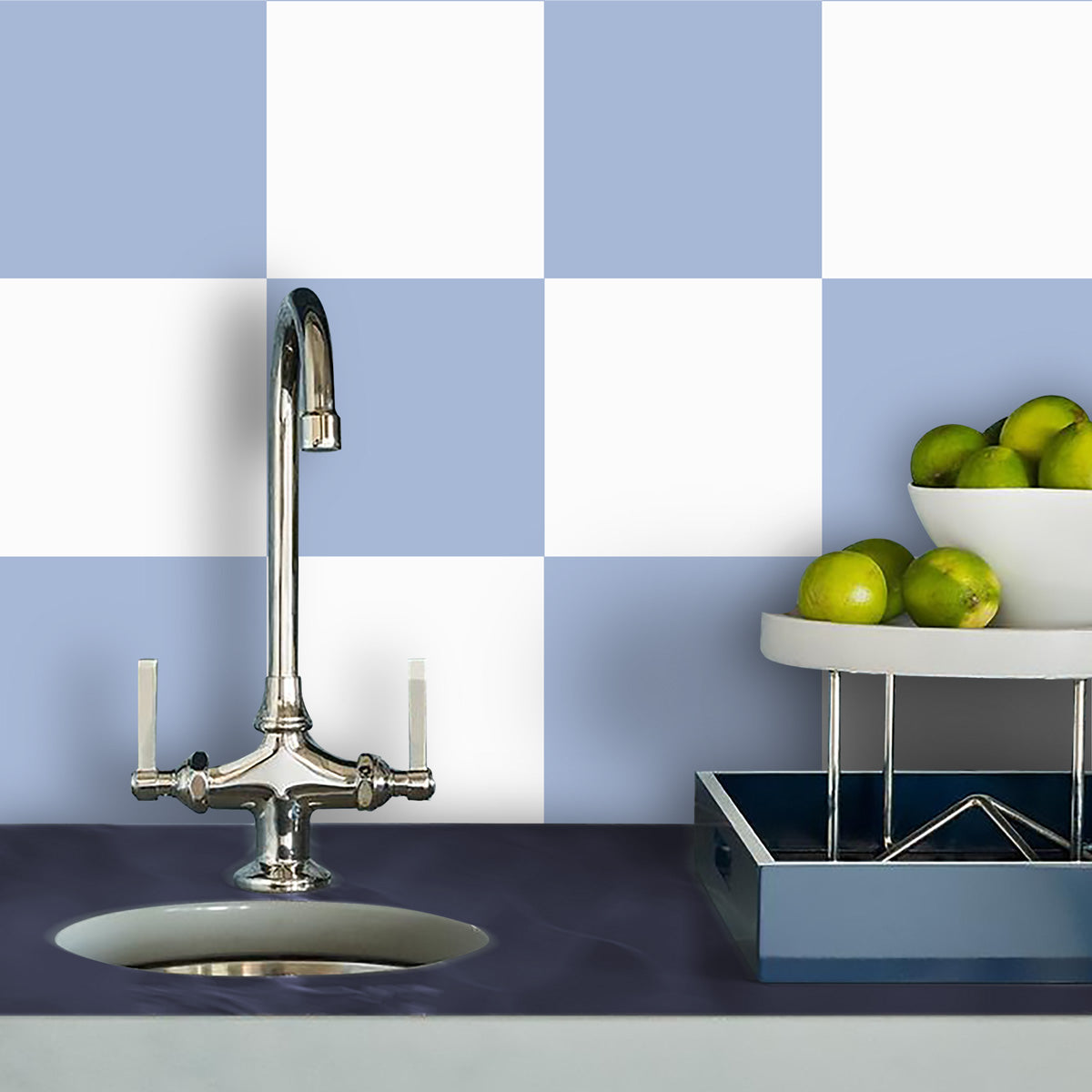 Pastel Blue & Light White Checkered Floor Tile Stickers | Peel and Stick Kitchen, Bathroom, Wall Tile Vinyl Decals| Removable