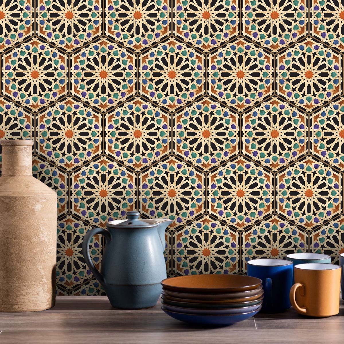 Qarawiyyin Mosque Hexagon Tile Stickers | Kitchen, Bathroom, Wall Backsplash Tile Decals | Antiskid Floor Tile Stickers